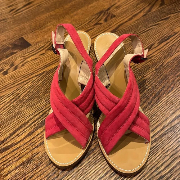 J. Crew Marcie red suede stitched accent strappy stacked block heel. Size 9 1/2. - Picture 2 of 7